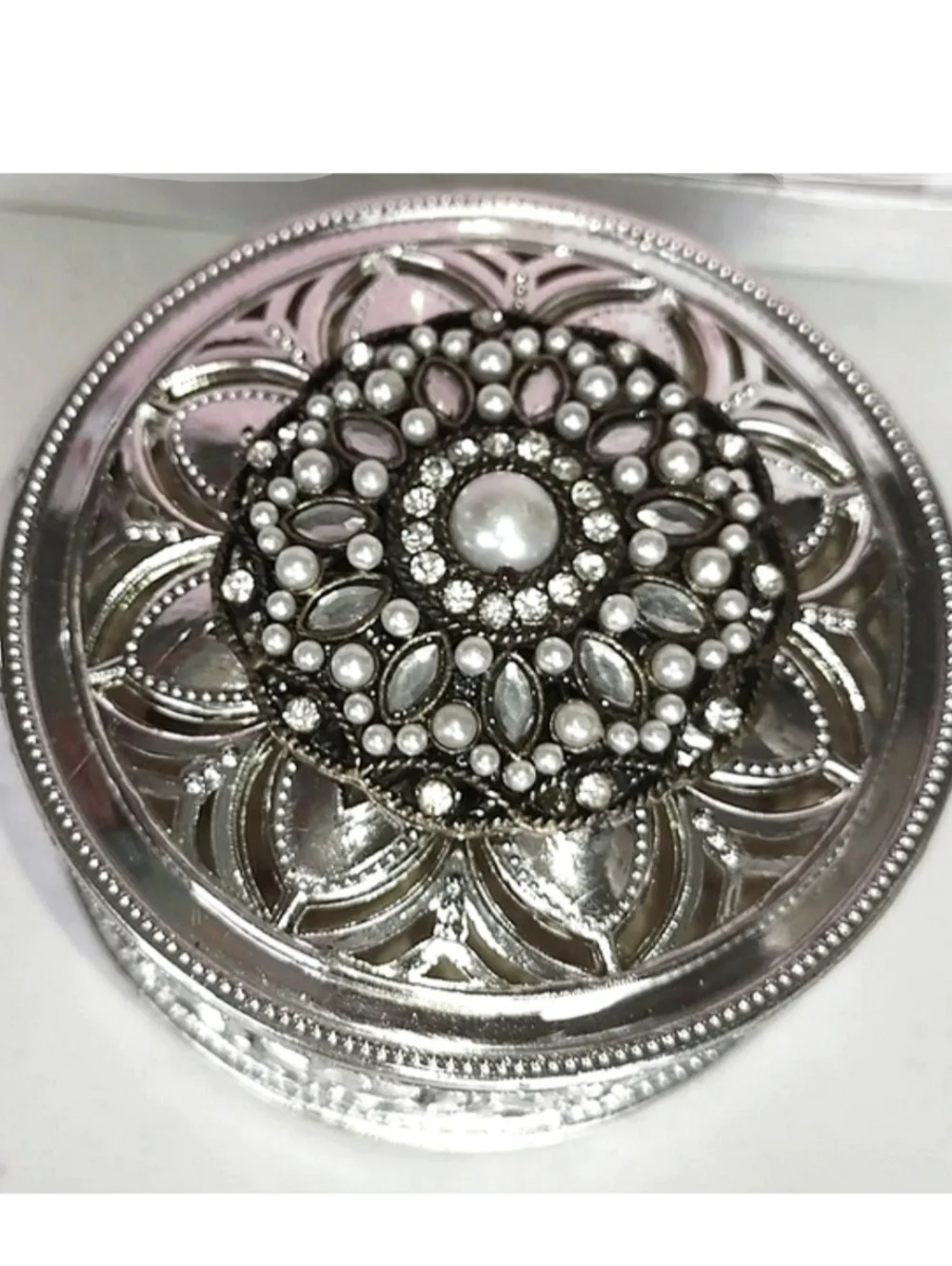 Silver Fancy Round Jeweled Container w/ Embellished Lid